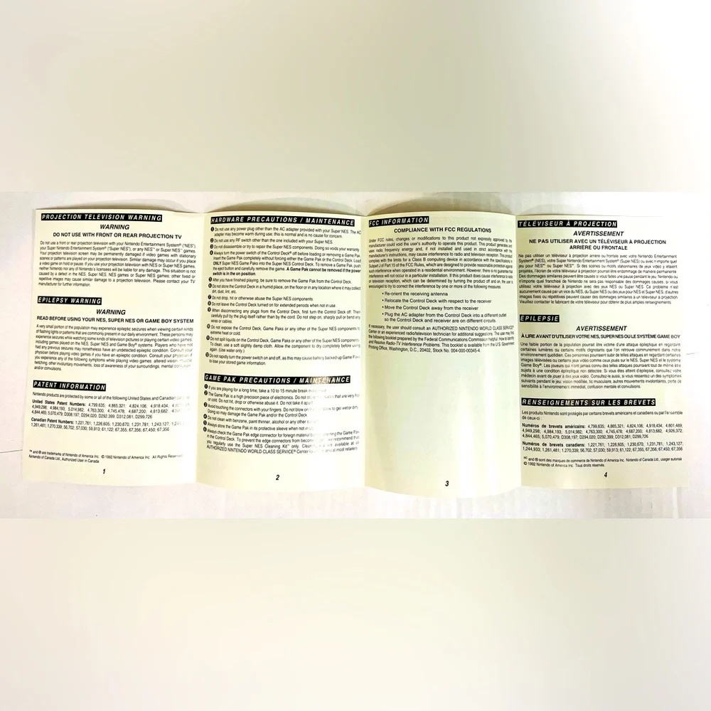 CONSUMER INFORMATION and PRECAUTIONS BOOKLET for 1991 Nintendo SNES.